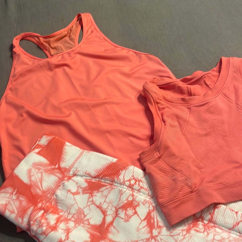 Athletic wear.Pants are size L, shirt is L, sports bra is L.
